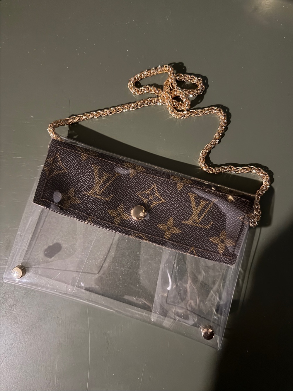 Upcycled Clear LV Brown Monogram PVC Crossbody with Gold Chain